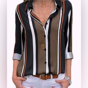 Striped Button-Up Blouse - Black, Brown, White - Small, NWT
